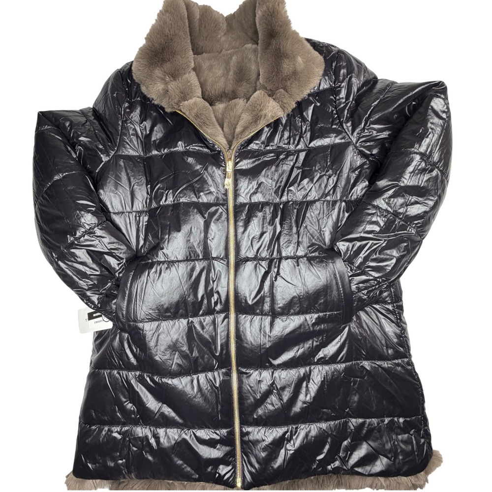 NWT Vtg Via Spiega Reversible Faux Fur Puffer Coat Taupe XL, 90's winter